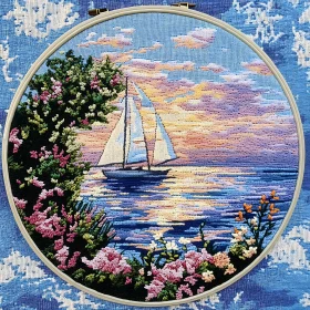 Handmade Sailboat Embroidery with Sunset