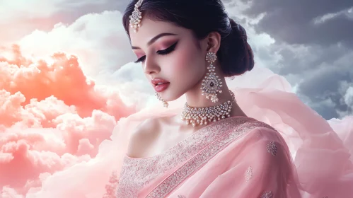 Serene Woman with Jewelry and Clouds