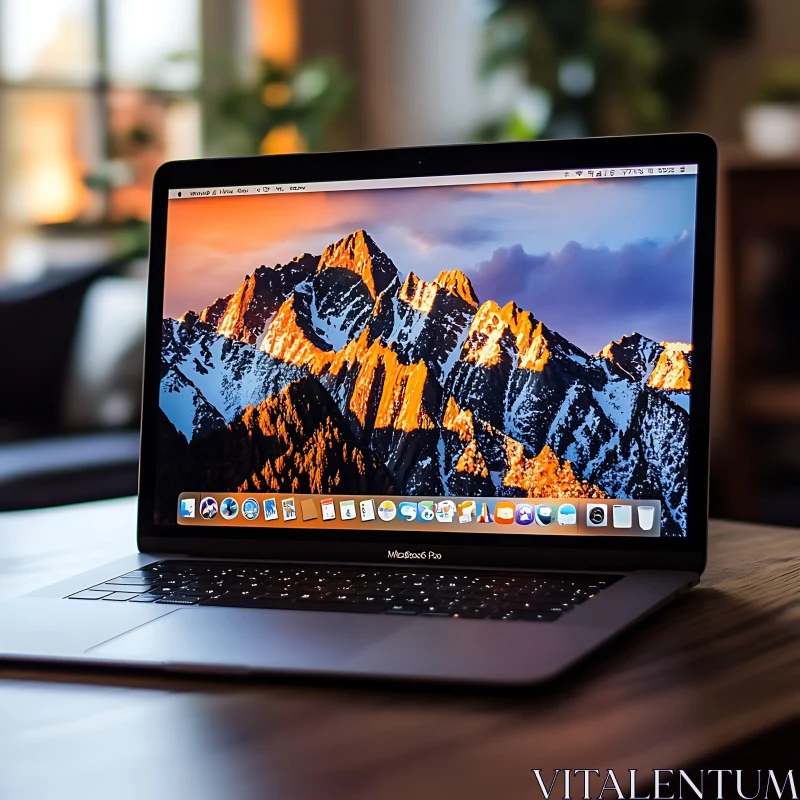 Modern Laptop on Wooden Table with Scenic Display