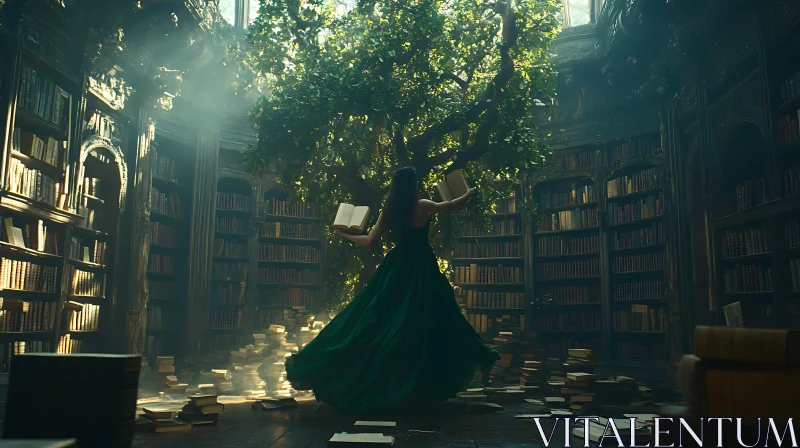 AI ART Woman in Green Dress in Antique Library