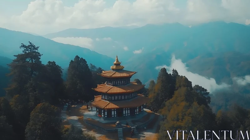 Asian Temple in Misty Landscape