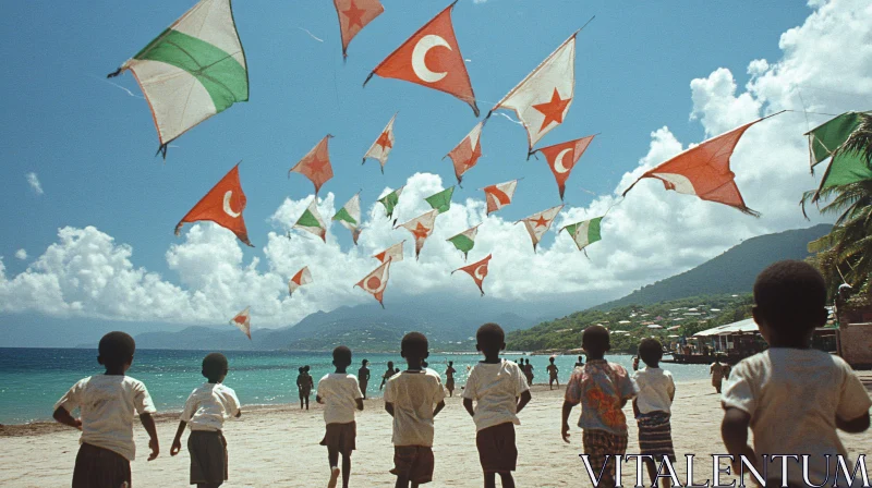 Kids Playing with Kites on Tropical Beach