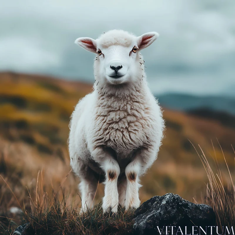 White Sheep Standing on Rocky Hill
