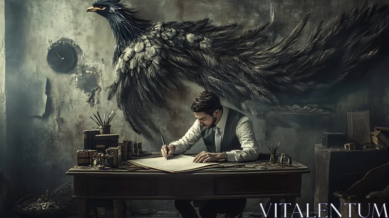 Man writing under the wing of the eagle