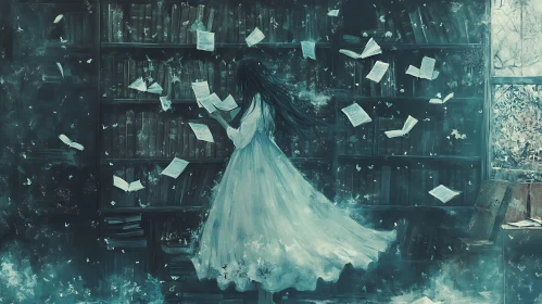 Mystic Library: A Woman and Floating Pages