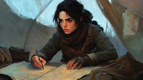 Woman Planning Journey Inside Tent