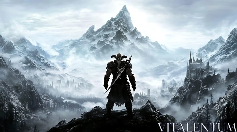 Fantasy Warrior Overlooking Misty Kingdom