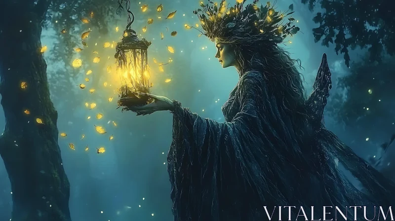 Mystical Woman with Lantern in Woods