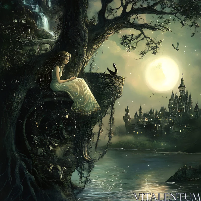 Cliffside Contemplation: Moonlit Fantasy Scene