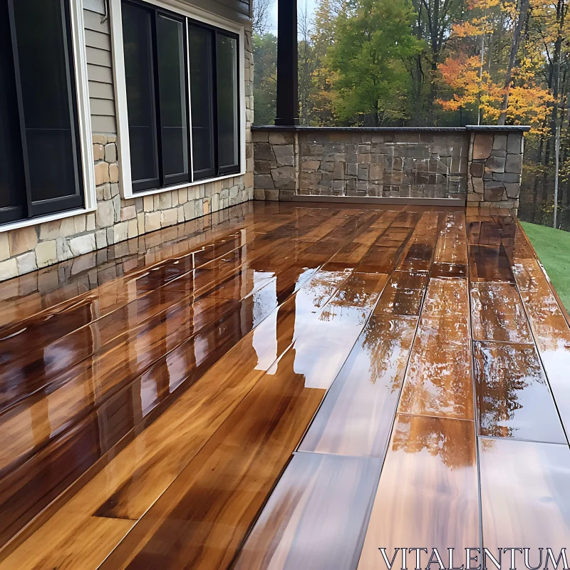 Glossy Wooden Deck with Fall Reflections
