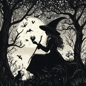 Mystical Witch Scene with Bats