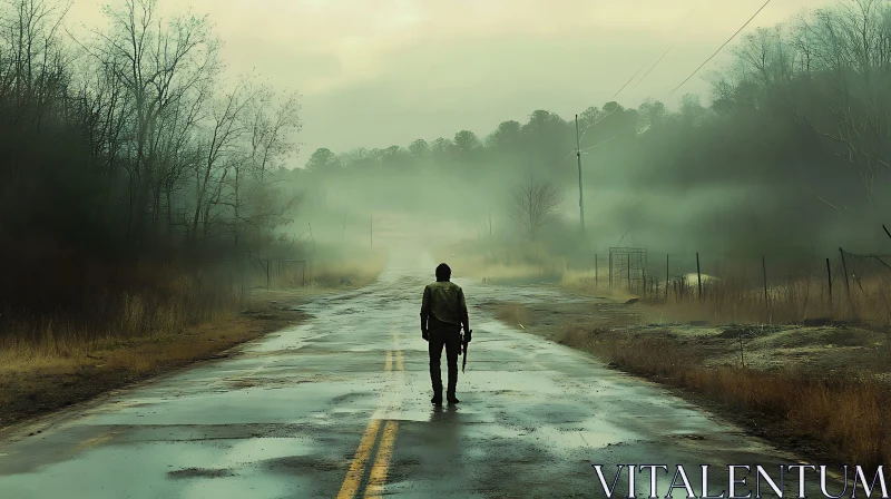Man on a Foggy Road after Apocalypse