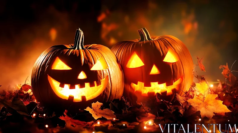 Glowing Carved Pumpkins in Fall Setting