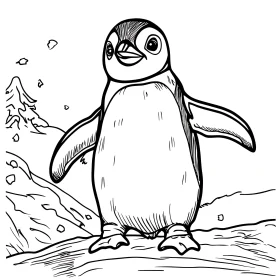 Monochrome Penguin Sketch on Snowy Hill