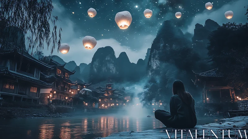 Serene River Night with Floating Lanterns