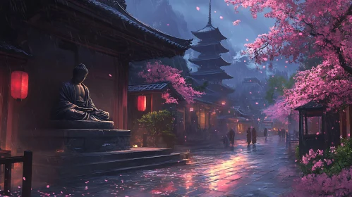 Rainy Day in Japan: Buddha and Cherry Trees