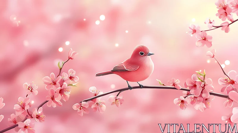 Pink Bird on Cherry Branch AI Image