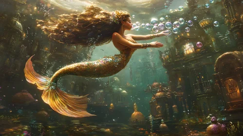 Underwater Mermaid Blowing Bubbles