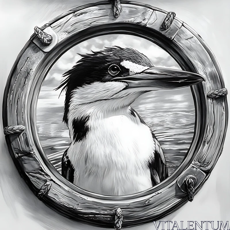 Monochrome Kingfisher in Porthole Frame