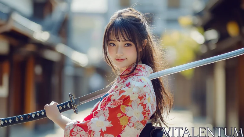 AI ART Kimono Woman with Sword on Street