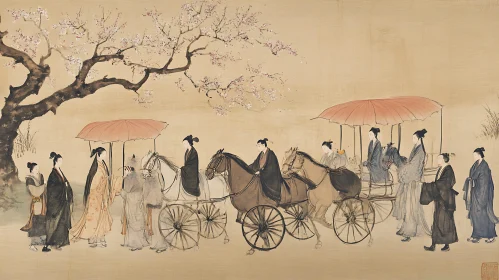 Ancient Asian Horse Carriage Painting