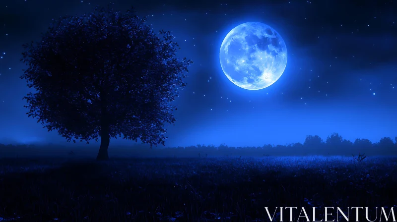 Moonlit Night with Tree and Starry Sky