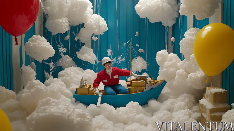Man Sailing Boat in Cotton Clouds