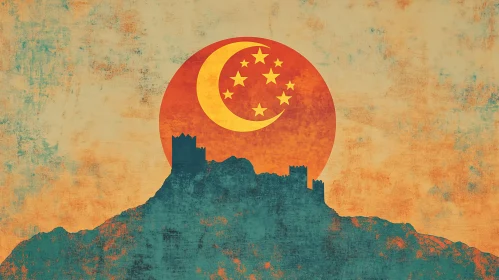 Mountain Fortress Under Crescent Moon