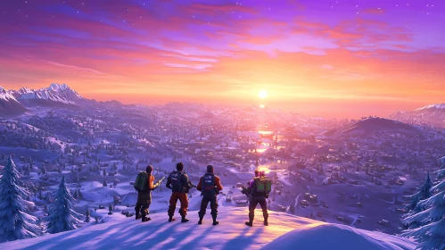 Snowy Mountain Sunset with Silhouetted Figures