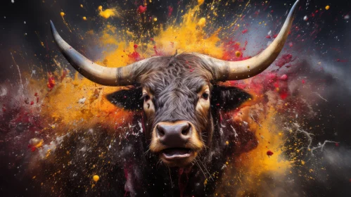 Colorful Explosion Bull Art - Dark Gold and Red Palette