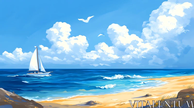 Seascape with Sailboat and Cloudy Sky