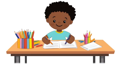 Cartoon Boy at Desk Drawing