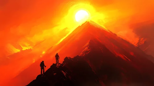 Hikers on Mountain Ridge at Sunset