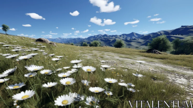 Daisy Field and Mountain View: A Surreal Landscape AI Image