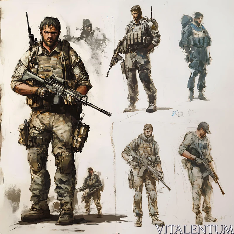 Military Sketch: Soldiers with Rifles