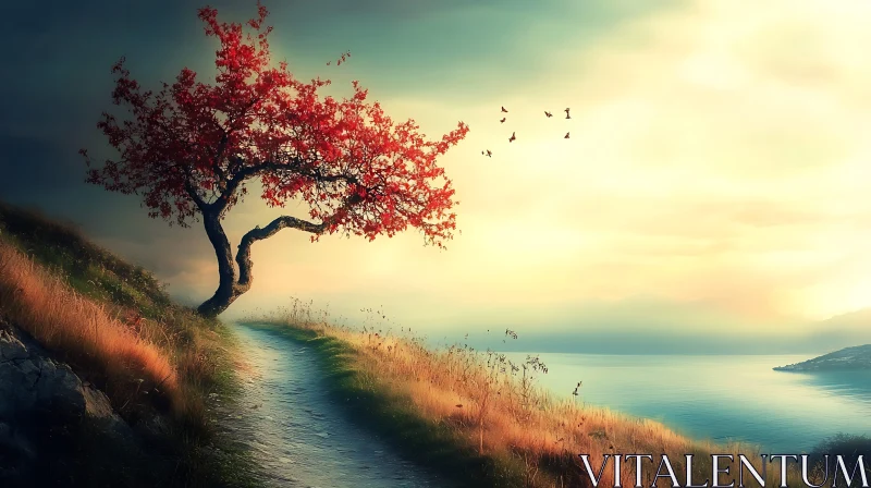 Peaceful Lakeside View with Red Foliage
