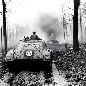 Monochrome Tank in War-Torn Forest