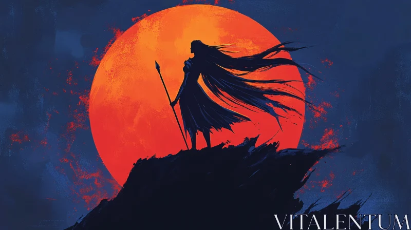 Silhouette of Warrior Woman with Spear