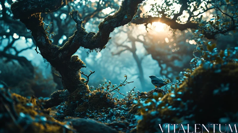 Enchanting Forest Landscape with Bird Perched on Branch AI Image