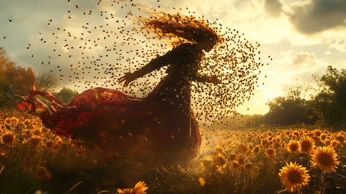 Sunset Silhouette in Sunflower Landscape