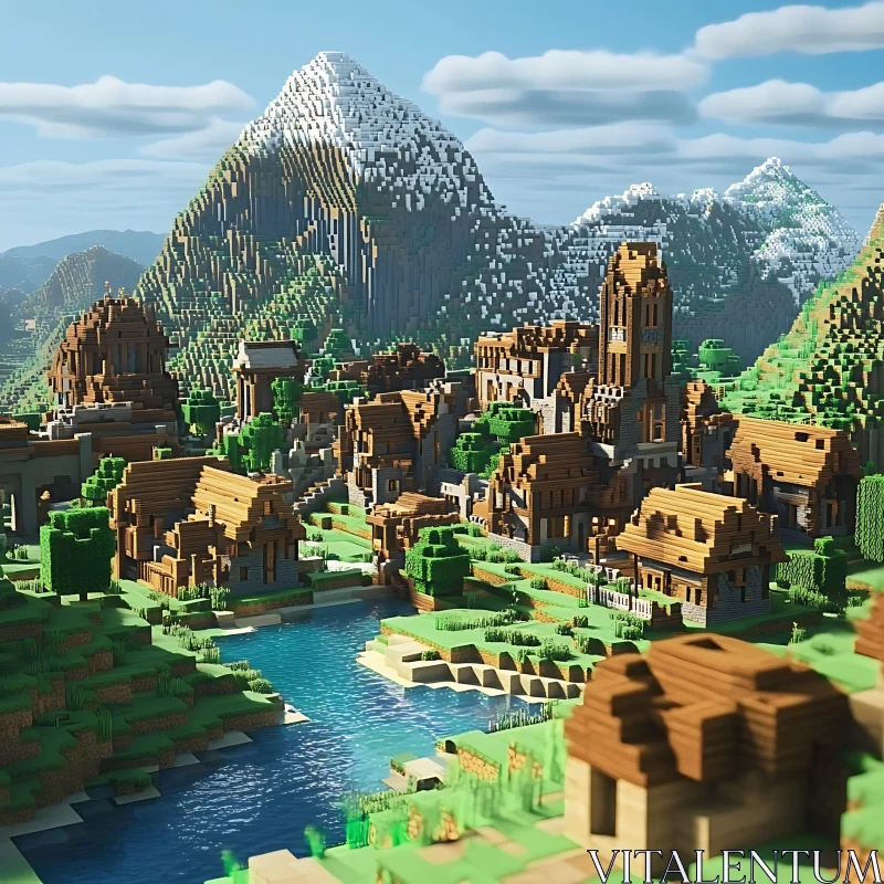 AI ART Blocky Village in Mountain Valley