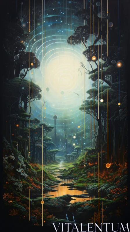 Mystical Forest Stream with Floating Lights AI Image