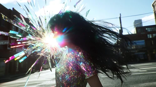 Iridescent Figure in Cityscape