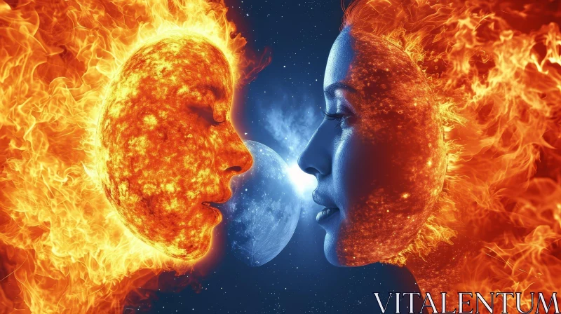 AI ART Fiery Sun and Cool Moon Faces in an Intimate Encounter