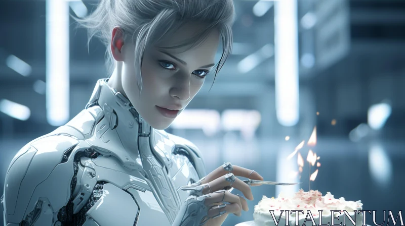 Futuristic Cyberpunk Portraiture: Woman with Cake AI Image