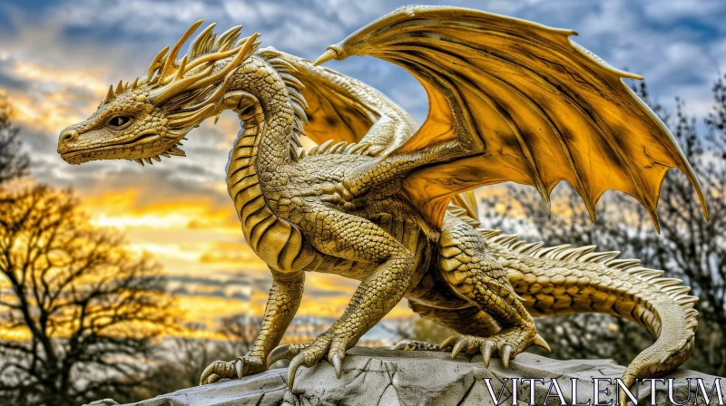 Golden Dragon 3D Rendering - Fantasy Sunset Art AI Image