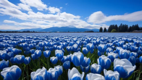 Scenic Japanese Style Landscape - Blue and White Tulip Field with Mountains
