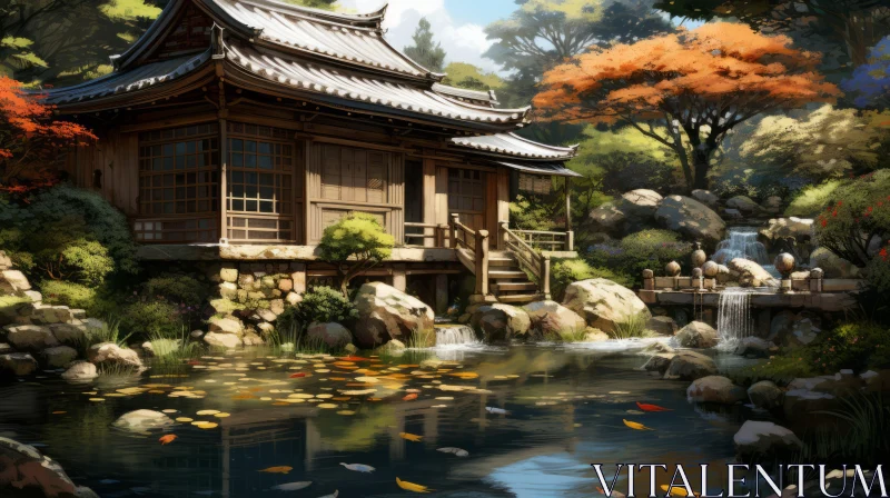 Serene Oriental Landscape: Japanese House by a Pond AI Image