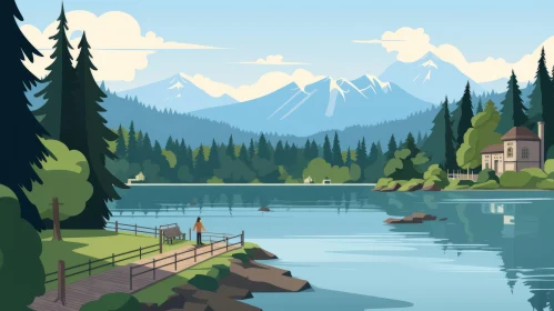 Tranquil Forest Lake Illustration in Flat Style | Detailed Character Illustrations