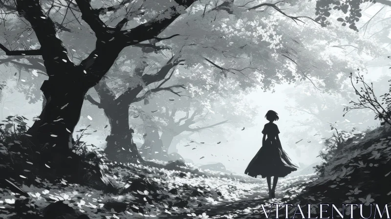 Tranquil Forest Scene: Black and White Image of a Girl Walking in a Long Dress AI Image